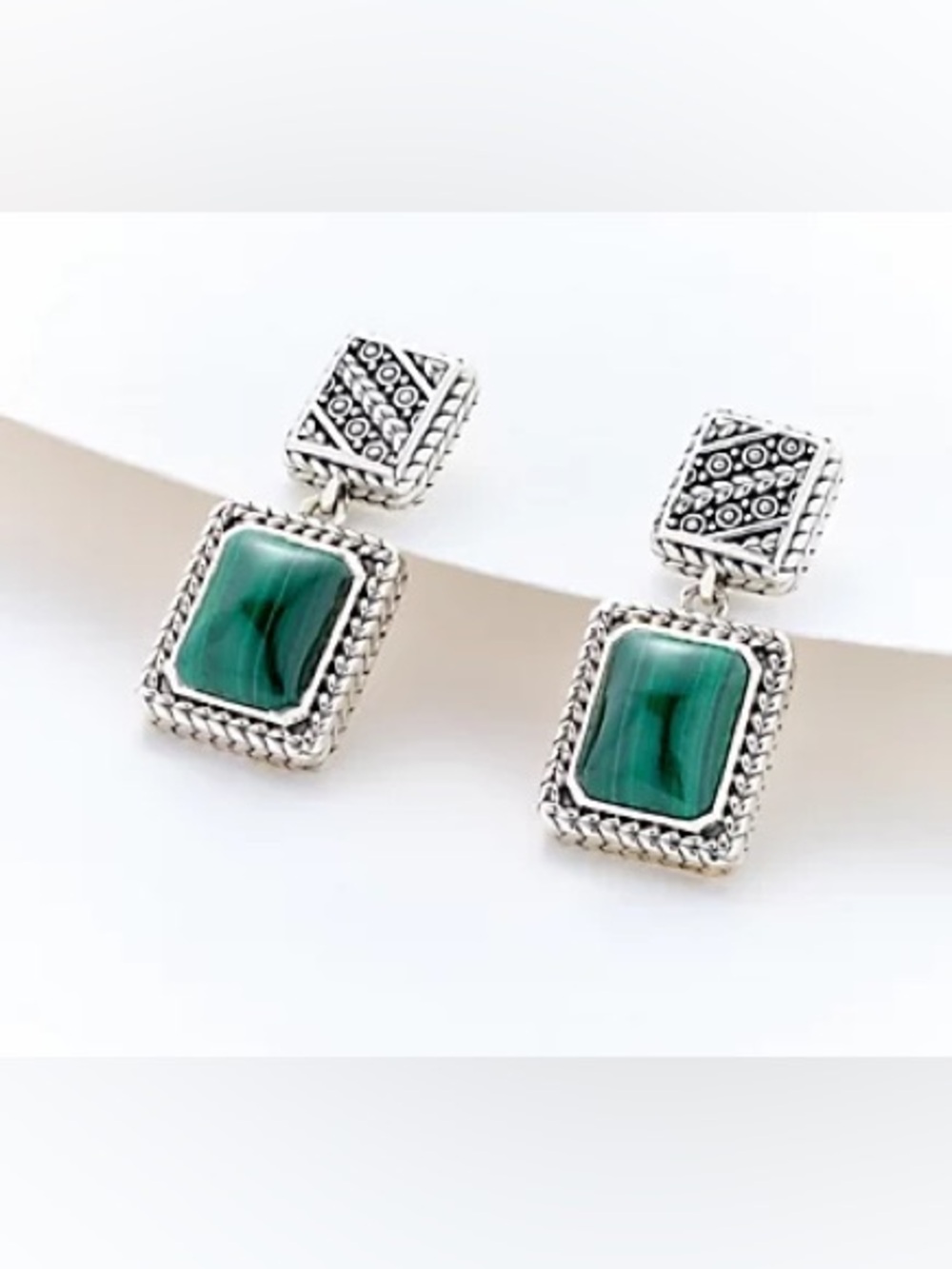 JAI Sterling Silver Malachite Square Cabochon Drop Earrings (NEW)